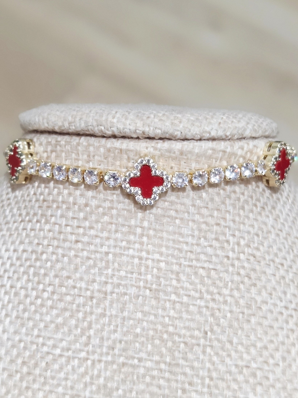 Gold Tennis Bracelet with Red Clover Accents